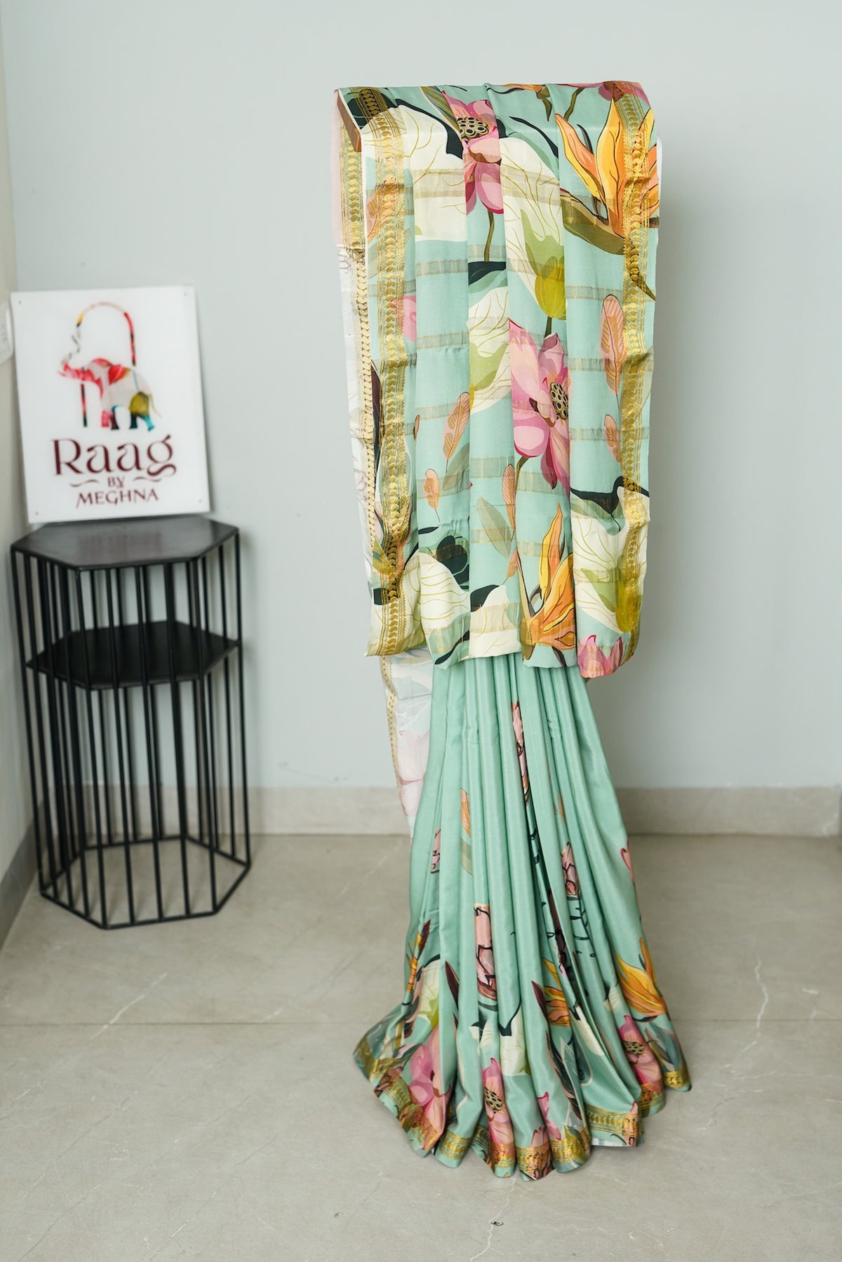 Sea Green Floral Digital Printed Mysore Silk Saree