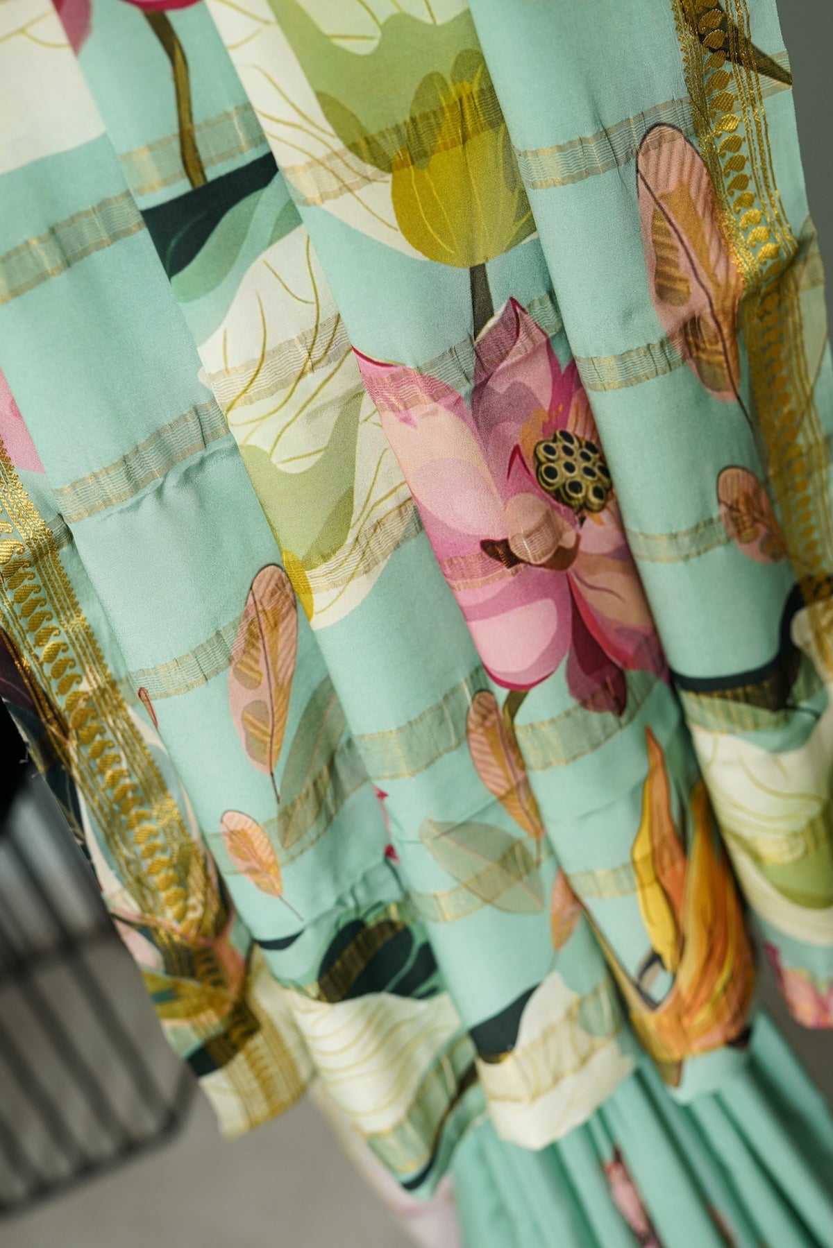 Sea Green Floral Digital Printed Mysore Silk Saree