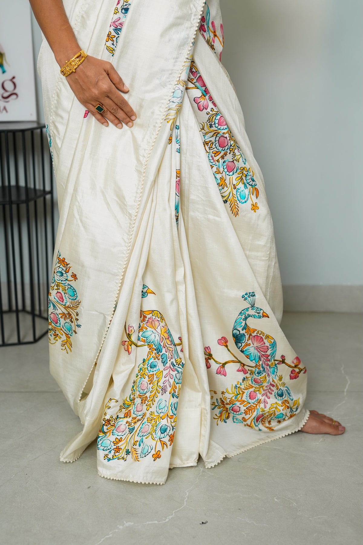 Ivory Peacock Katan Silk Saree