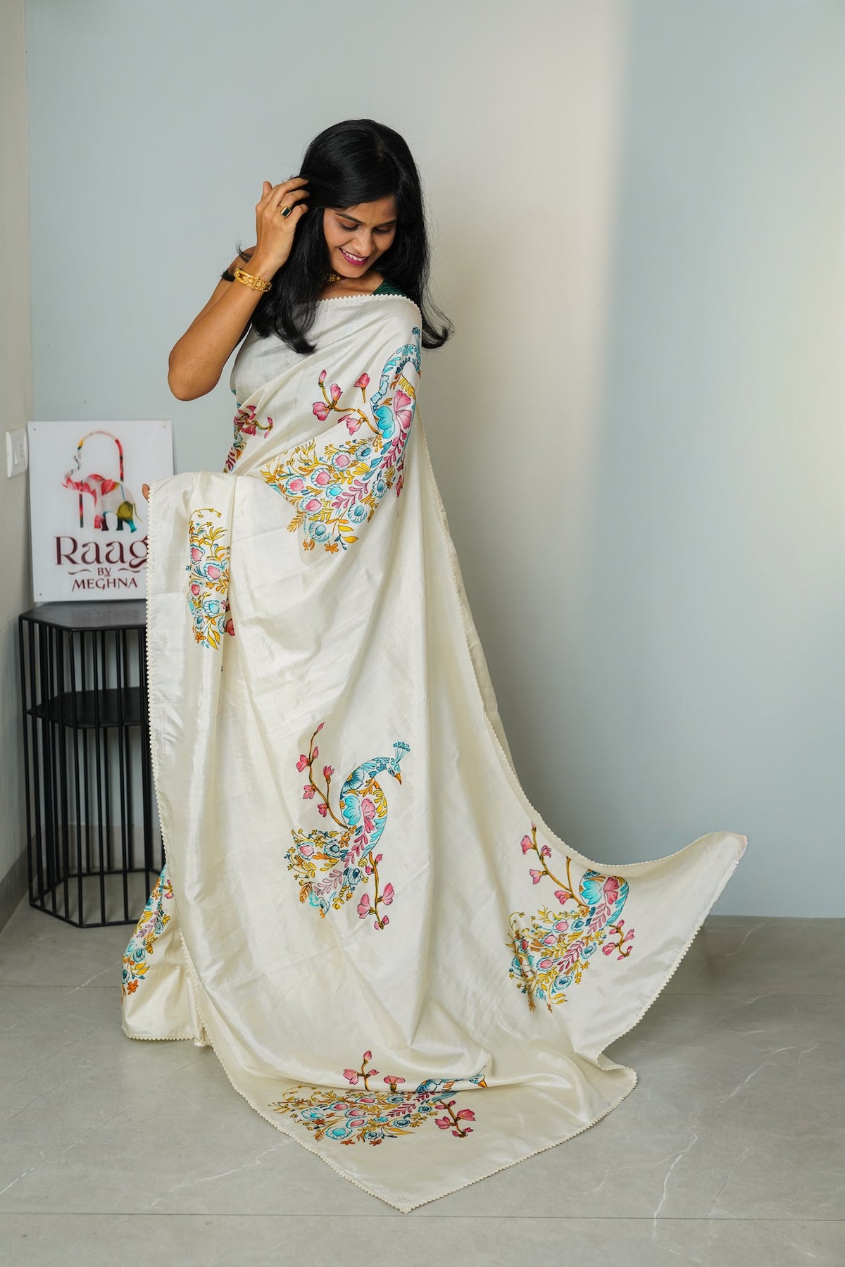 Ivory Peacock Katan Silk Saree