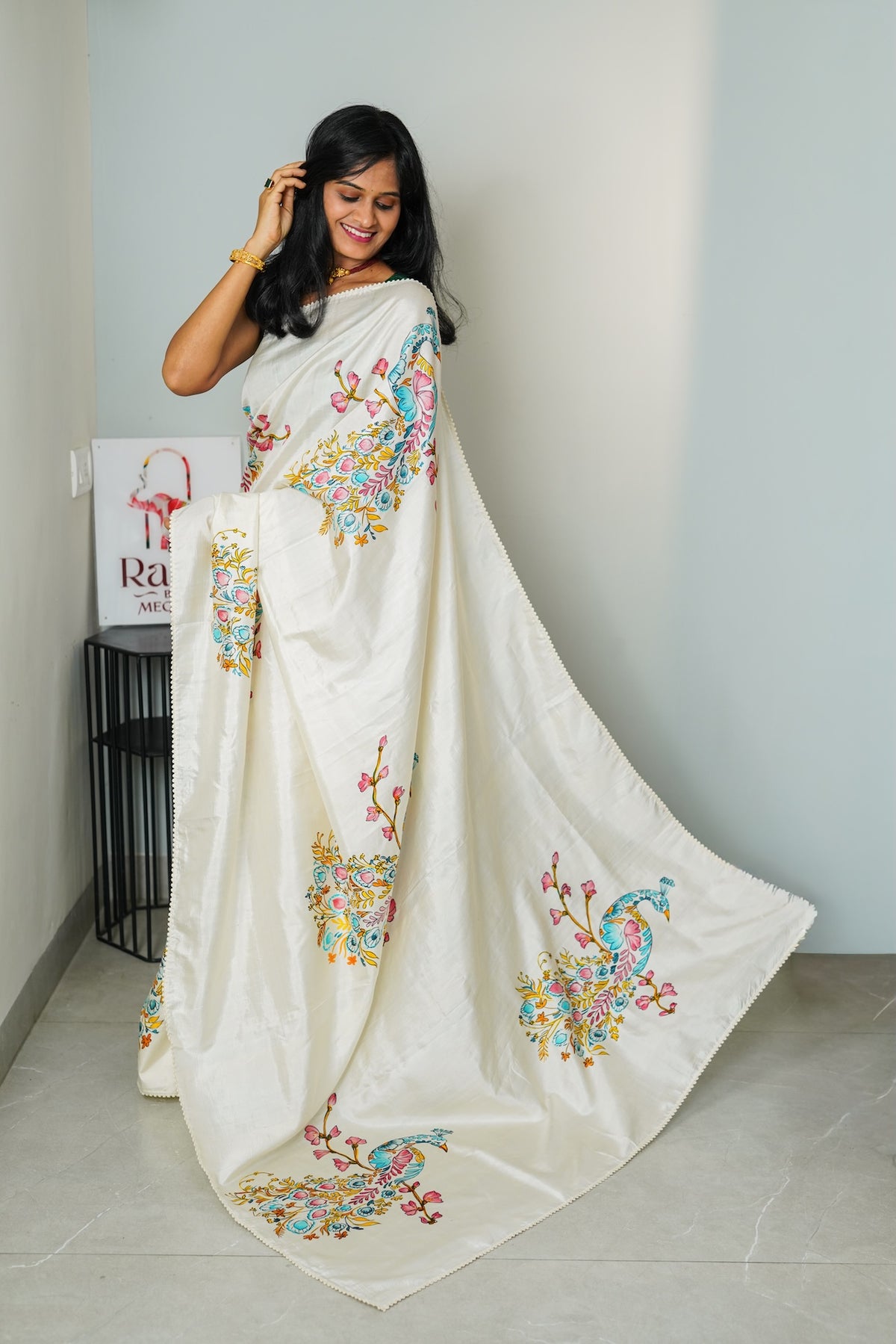 Ivory Peacock Katan Silk Saree