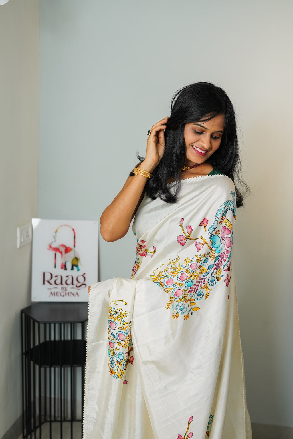 Ivory Peacock Katan Silk Saree