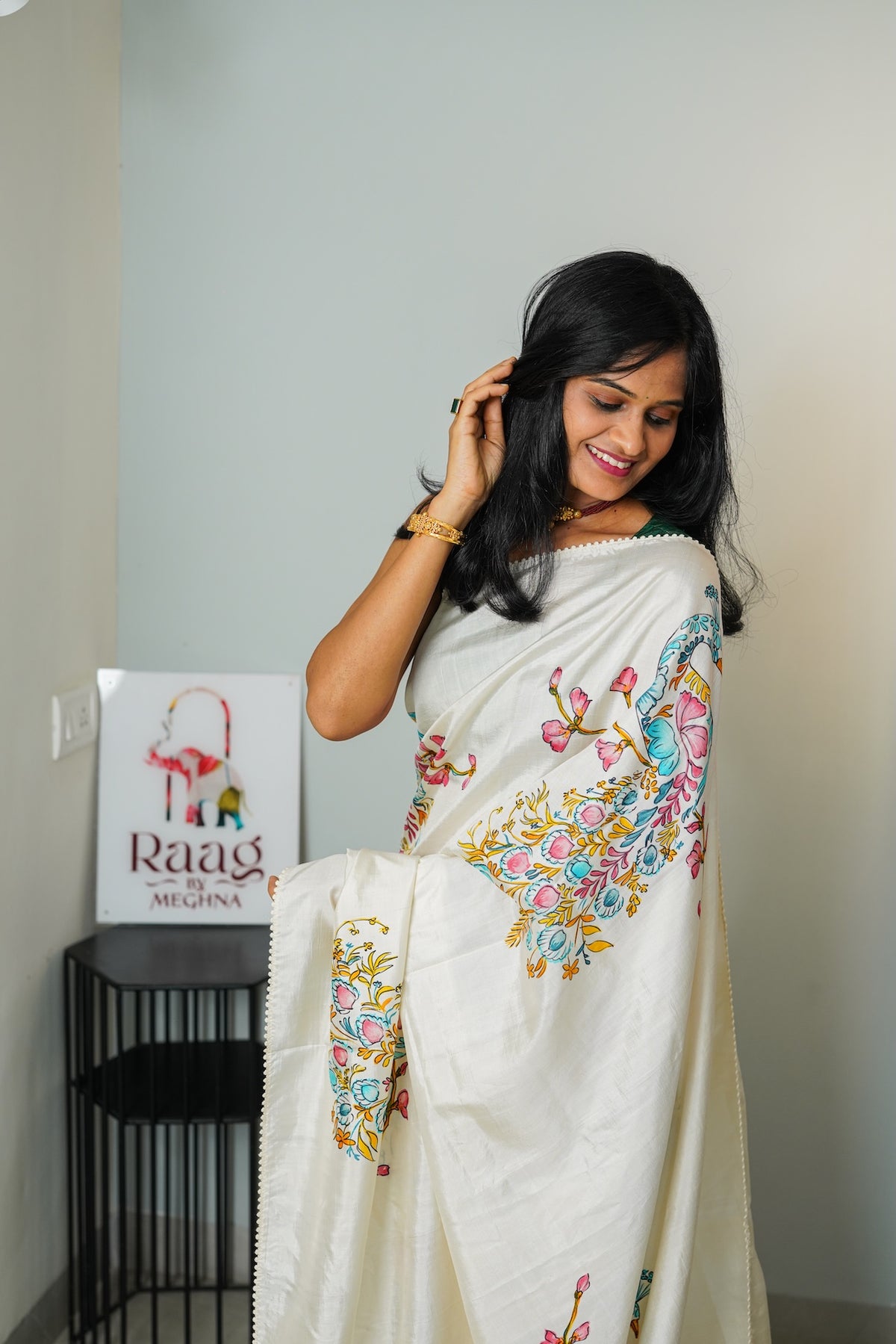 Ivory Peacock Katan Silk Saree