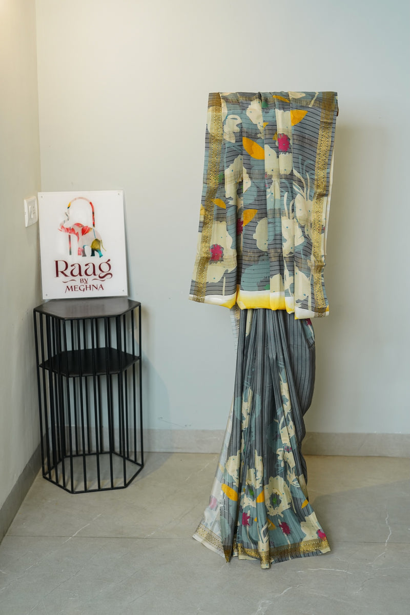 Grey Striped Pure Mysore Silk Saree