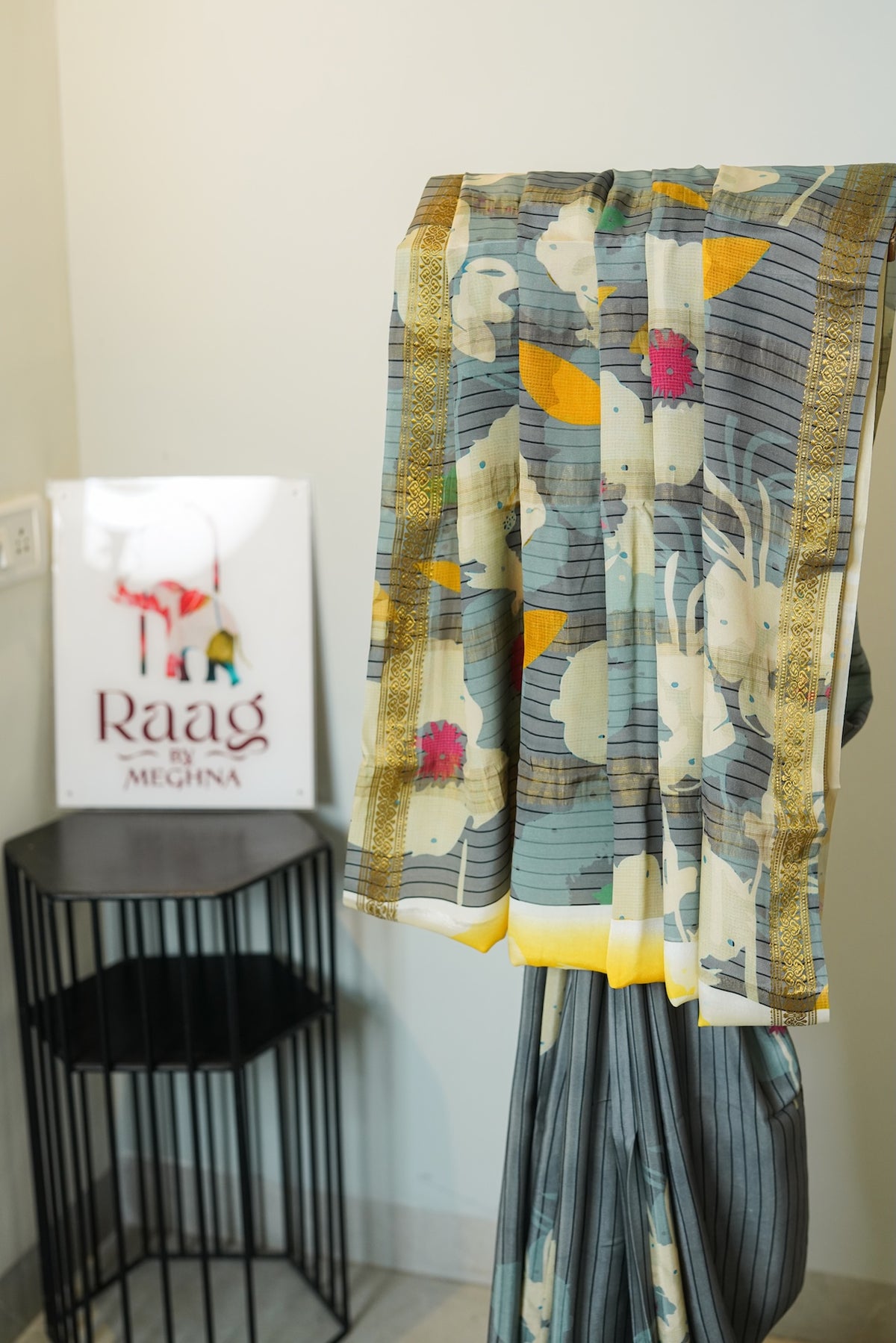 Grey Striped Pure Mysore Silk Saree
