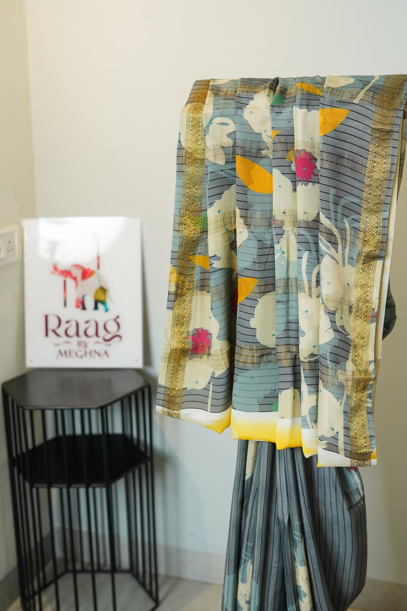 Grey Striped Pure Mysore Silk Saree