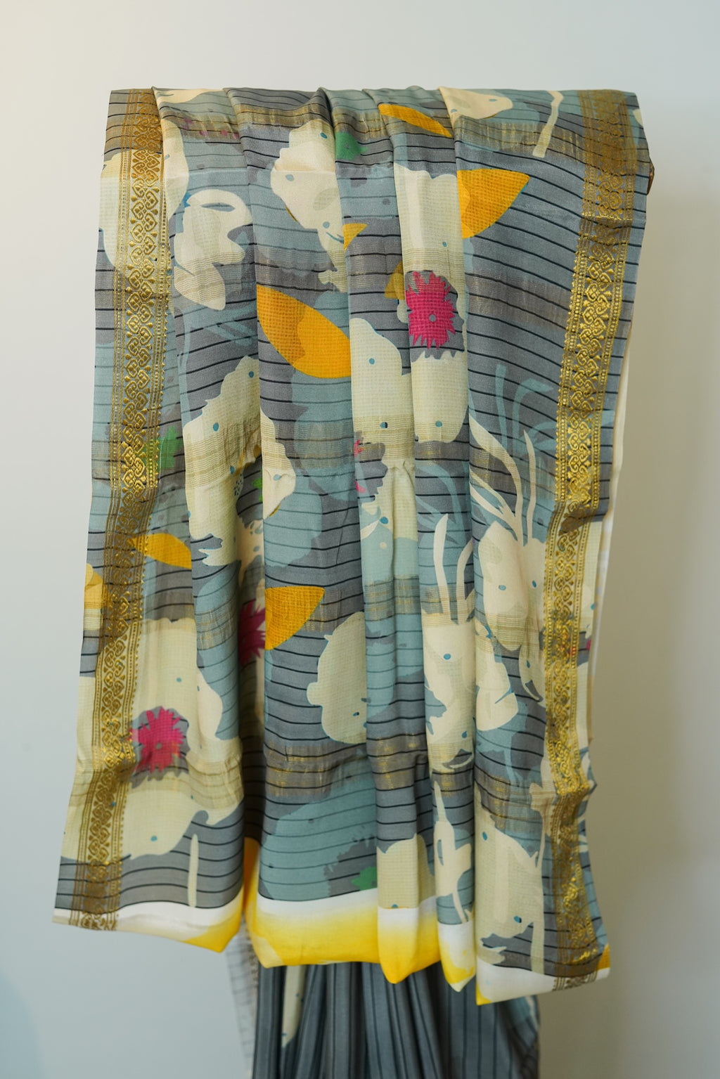 Grey Striped Pure Mysore Silk Saree