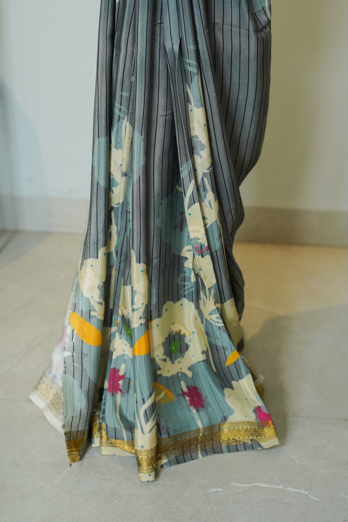 Grey Striped Pure Mysore Silk Saree