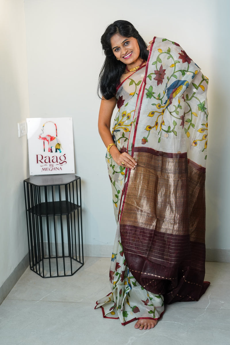 Peacock Kora Pure Kora Organza Silk Saree