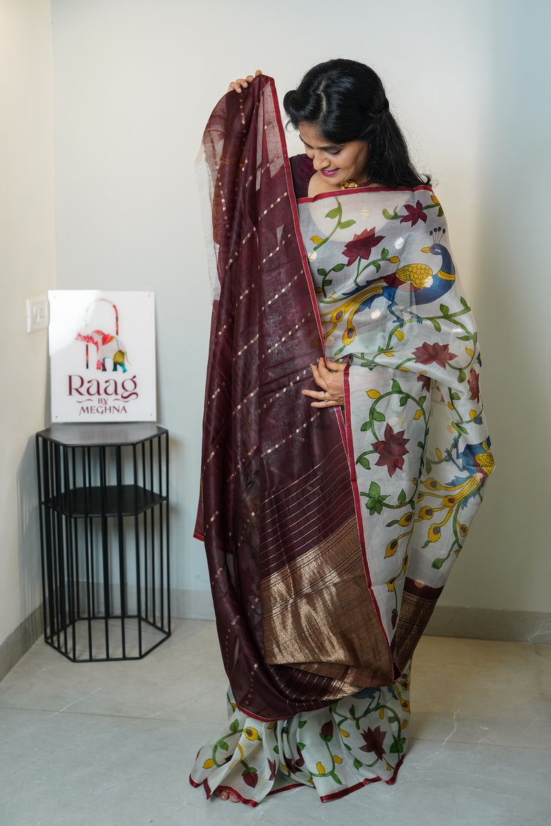 Peacock Kora Pure Kora Organza Silk Saree