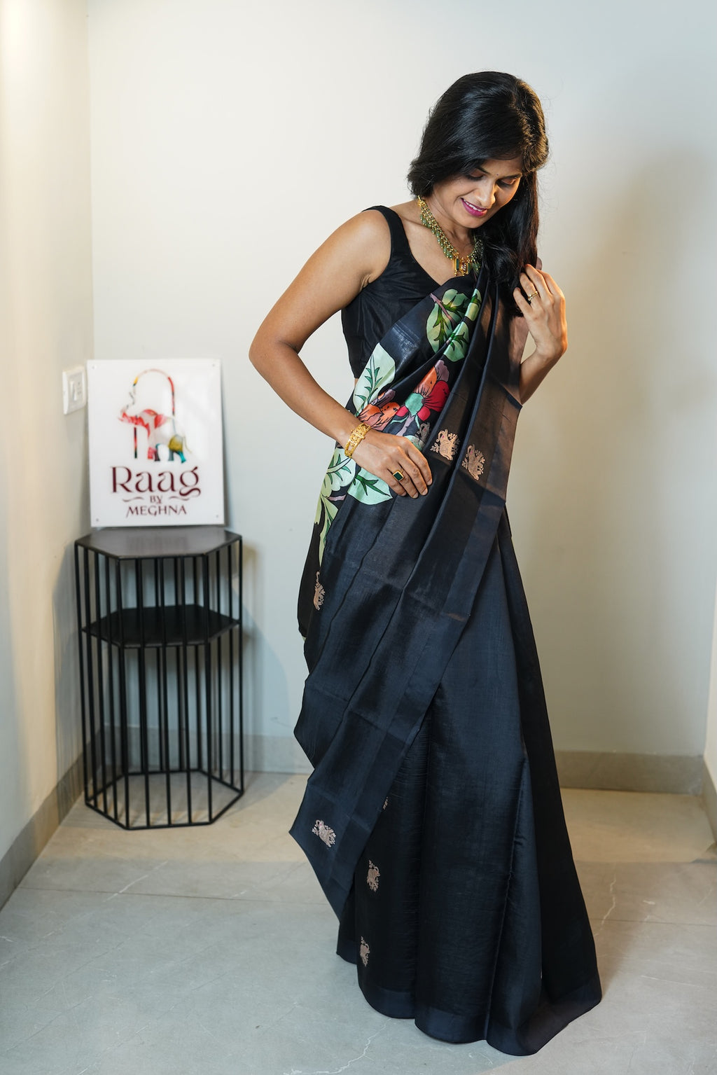 Black Garden hand painted Puna Silk Saree
