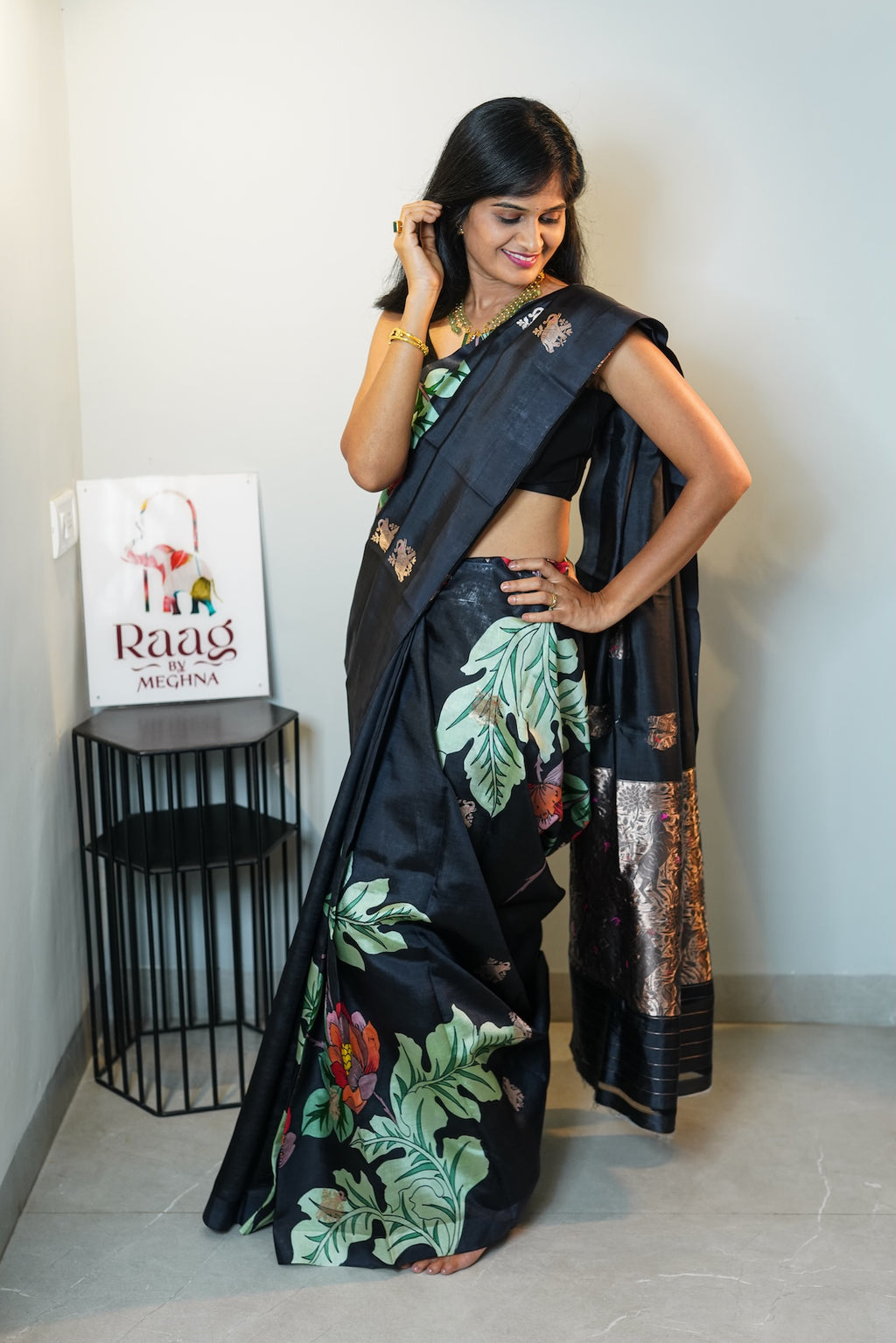 Black Garden hand painted Puna Silk Saree