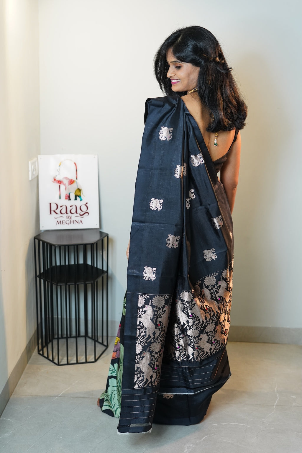 Black Garden hand painted Puna Silk Saree
