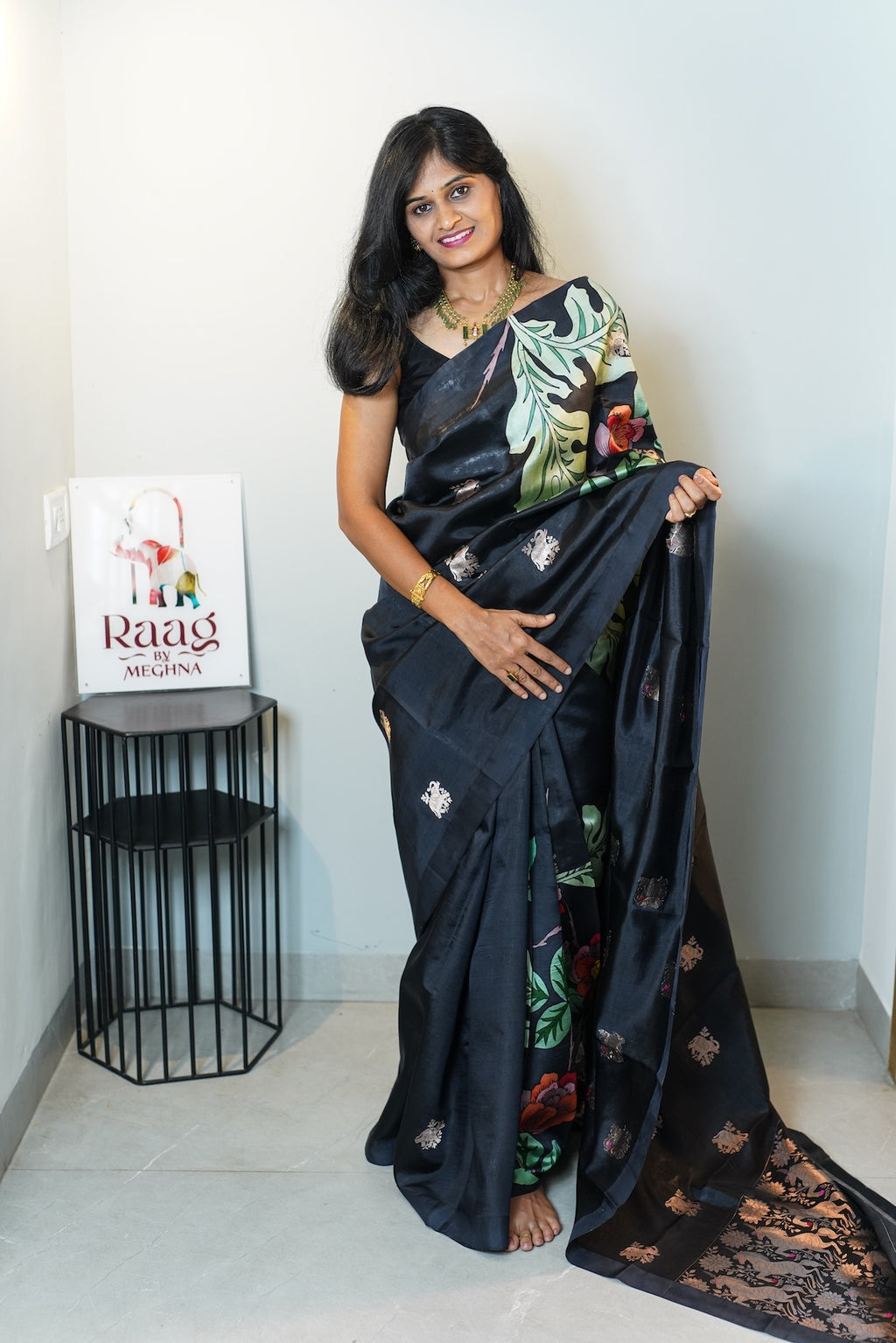 Black Garden hand painted Puna Silk Saree