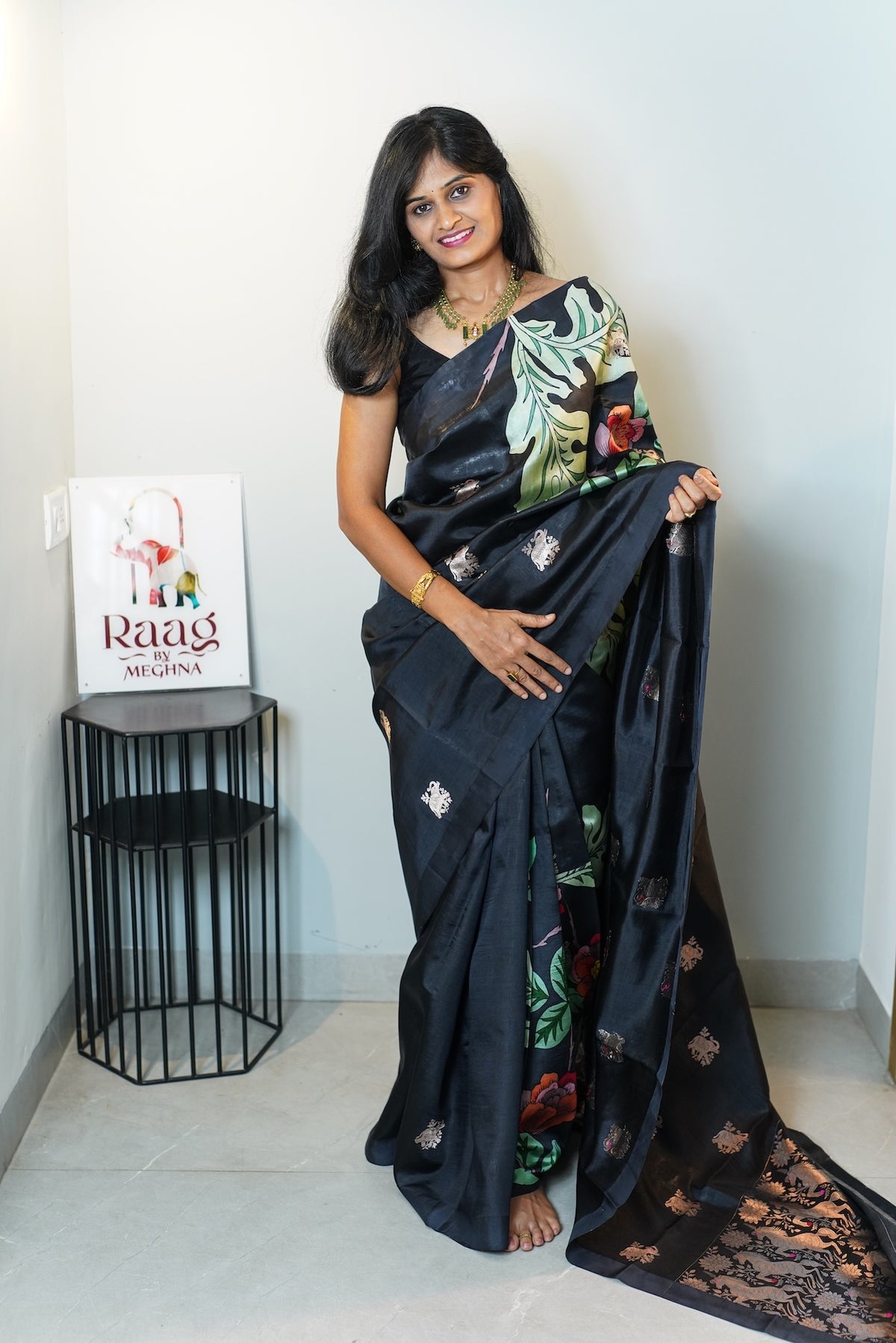Black Garden hand painted Puna Silk Saree