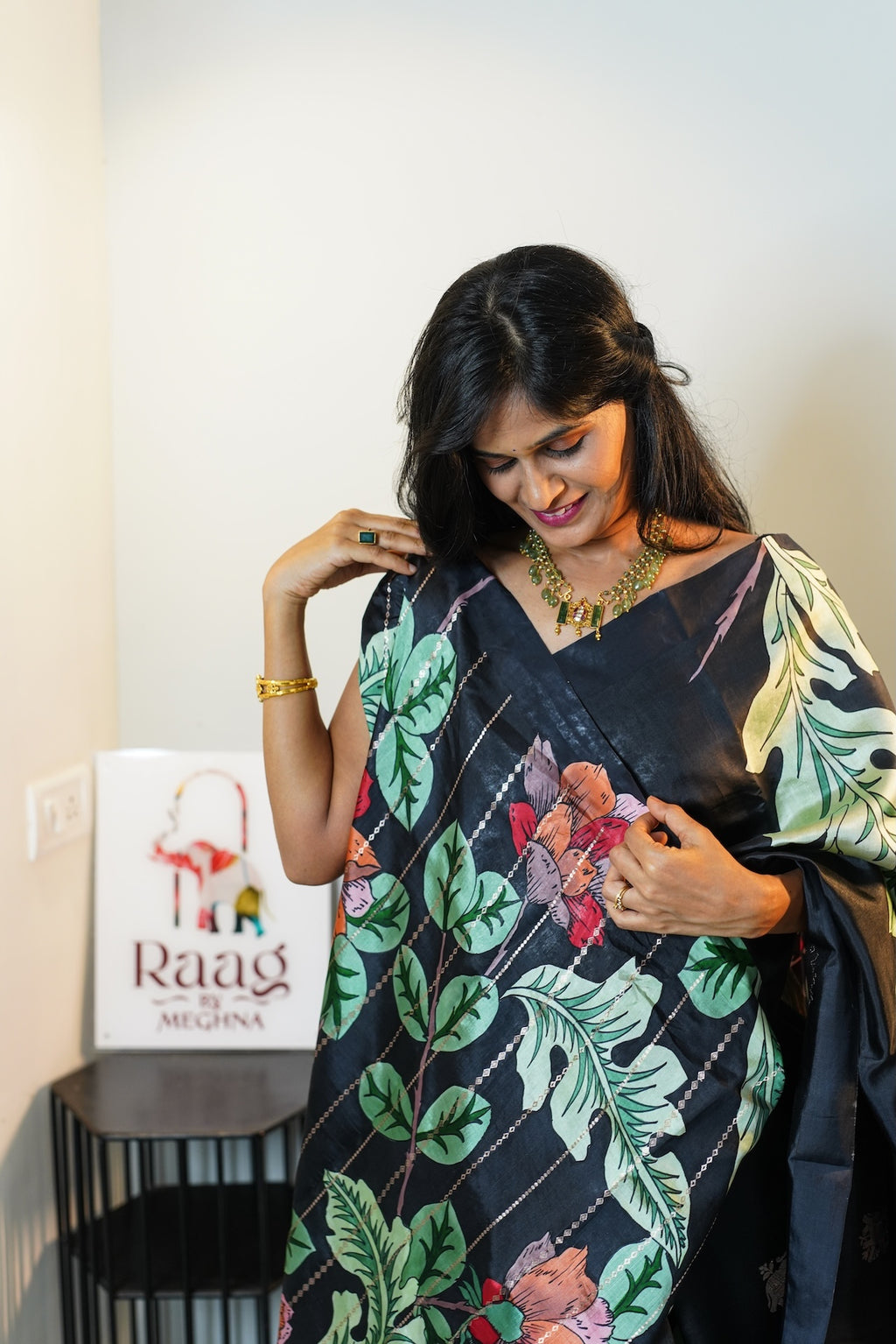 Black Garden hand painted Puna Silk Saree
