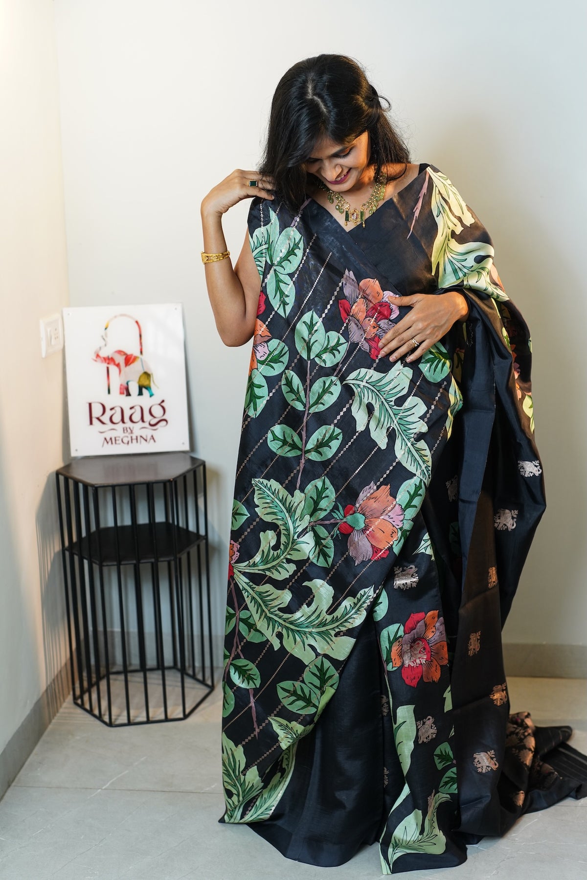 Black Garden hand painted Puna Silk Saree