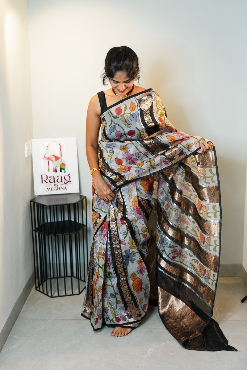 Black Vertical Garden Pure Kora Organza Silk Saree