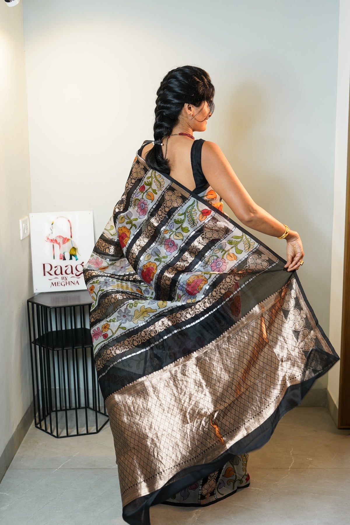 Black Vertical Garden Pure Kora Organza Silk Saree