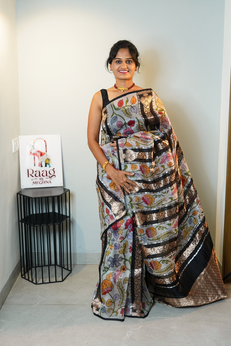 Black Vertical Garden Pure Kora Organza Silk Saree