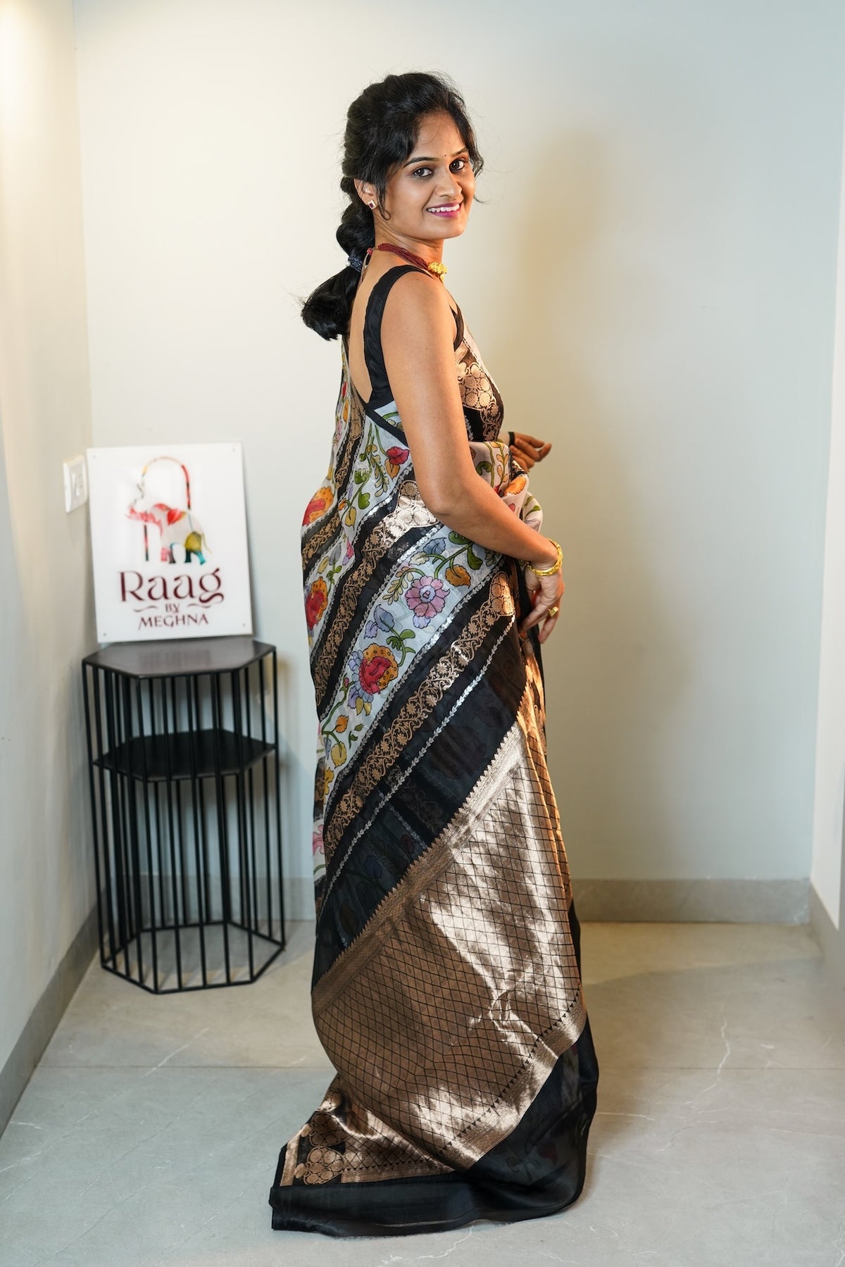 Black Vertical Garden Pure Kora Organza Silk Saree
