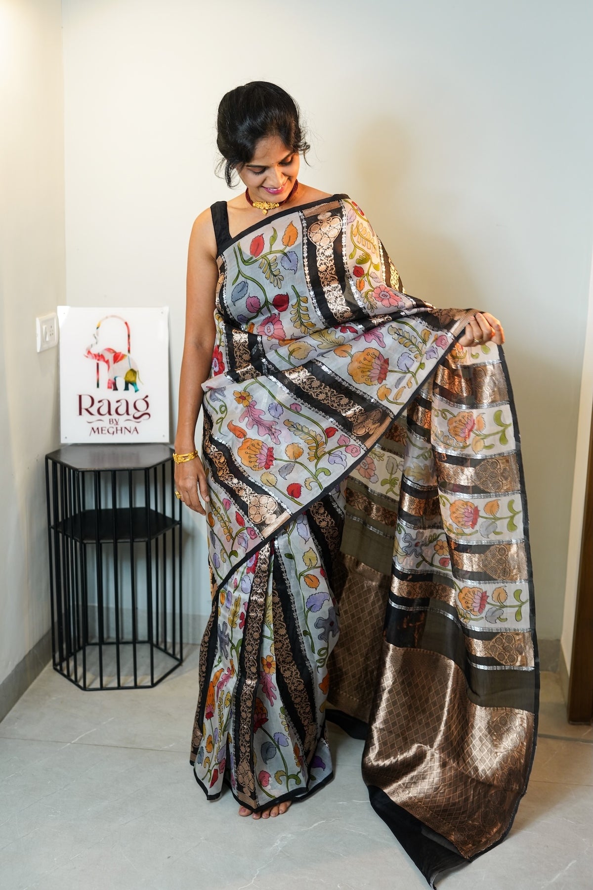 Black Vertical Garden Pure Kora Organza Silk Saree
