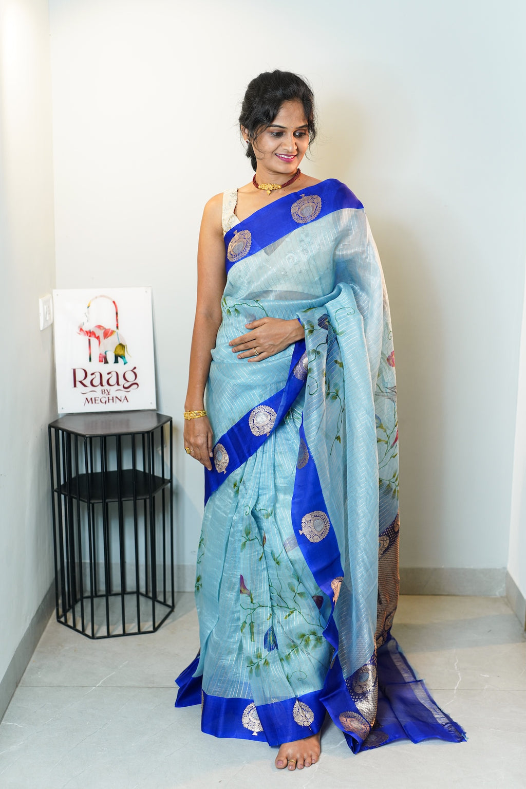 Blue Pea Garden Pure Kora Organza Silk Saree