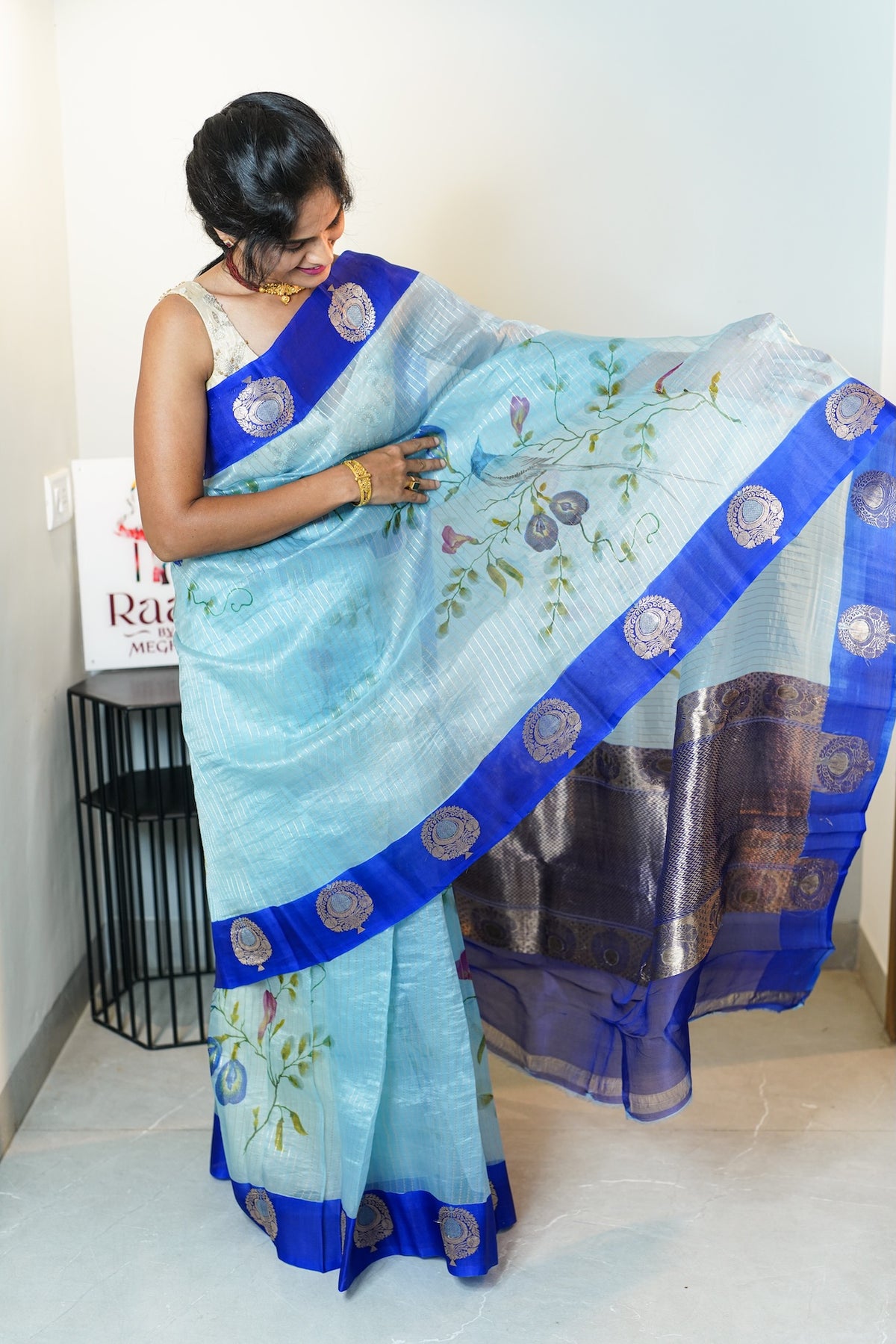 Blue Pea Garden Pure Kora Organza Silk Saree