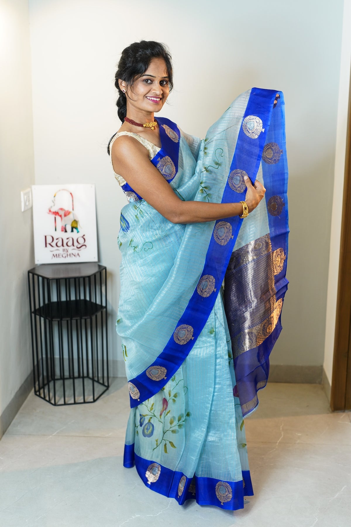 Blue Pea Garden Pure Kora Organza Silk Saree