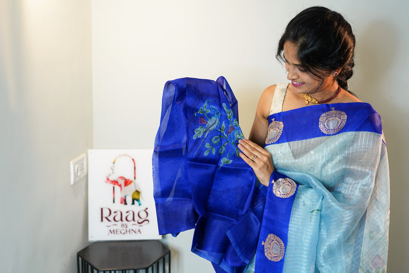 Blue Pea Garden Pure Kora Organza Silk Saree