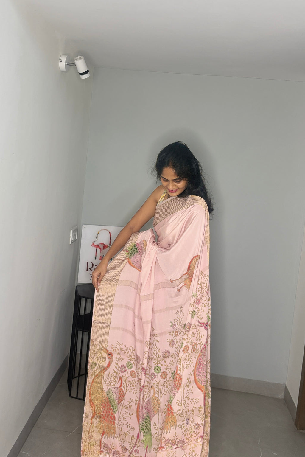 Baby Pink Multicolour Crane Mysore Silk Saree