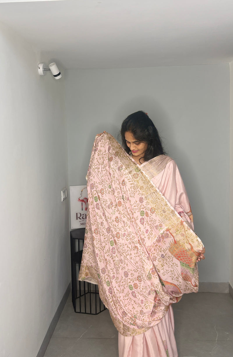 Baby Pink Multicolour Crane Mysore Silk Saree