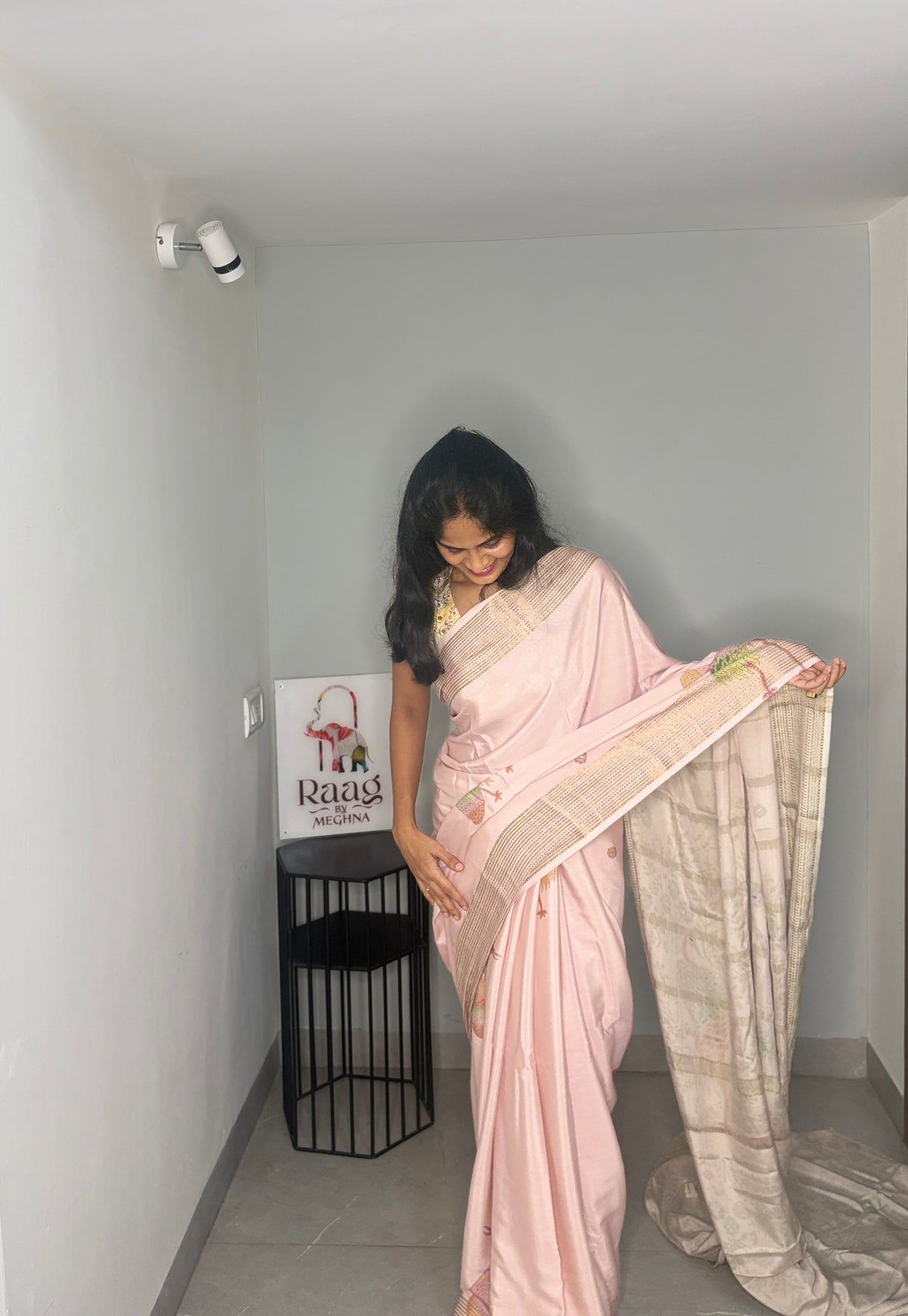 Baby Pink Multicolour Crane Mysore Silk Saree