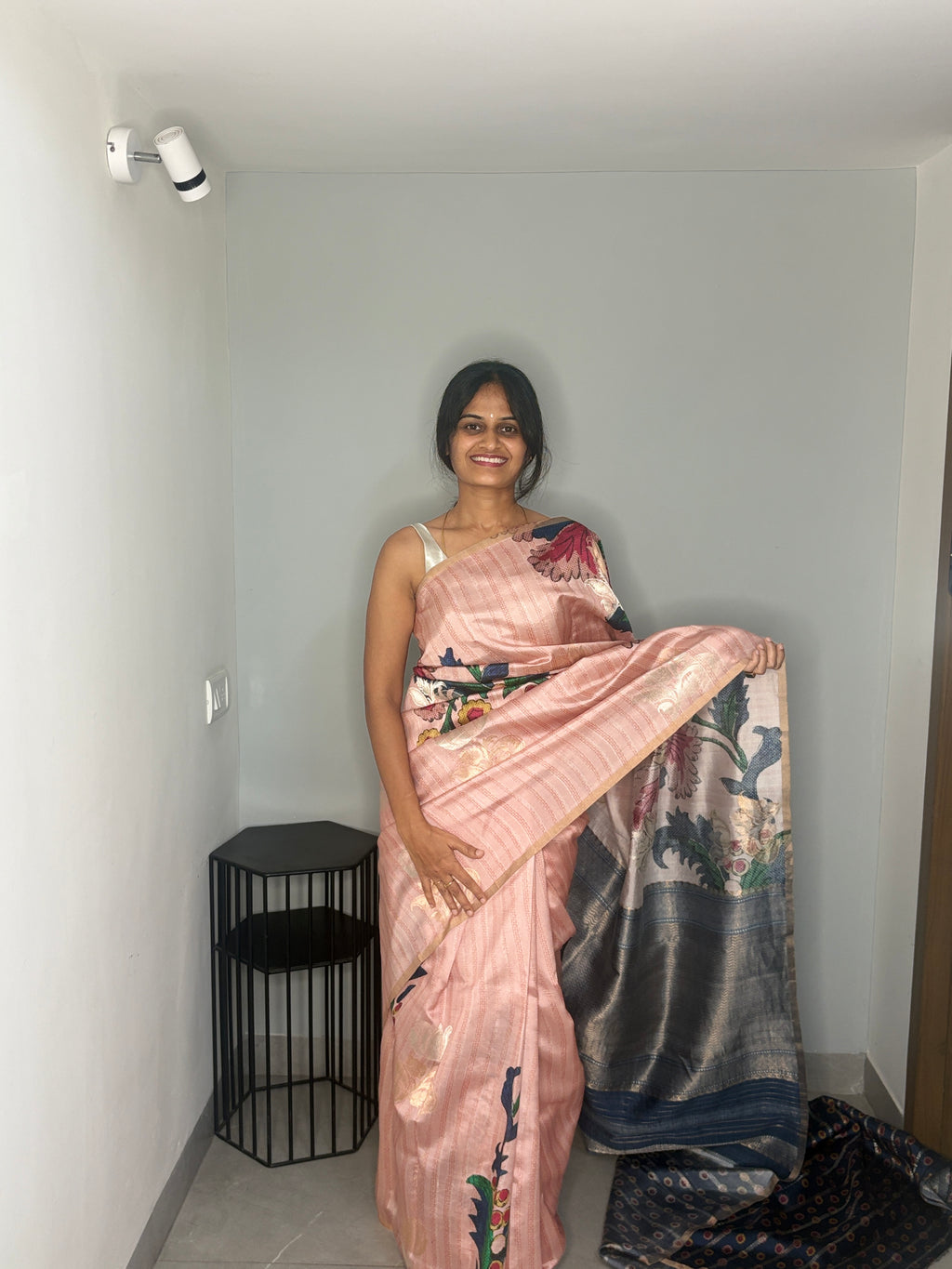Onion Pink Striped Floral Garden Puna Silk Saree