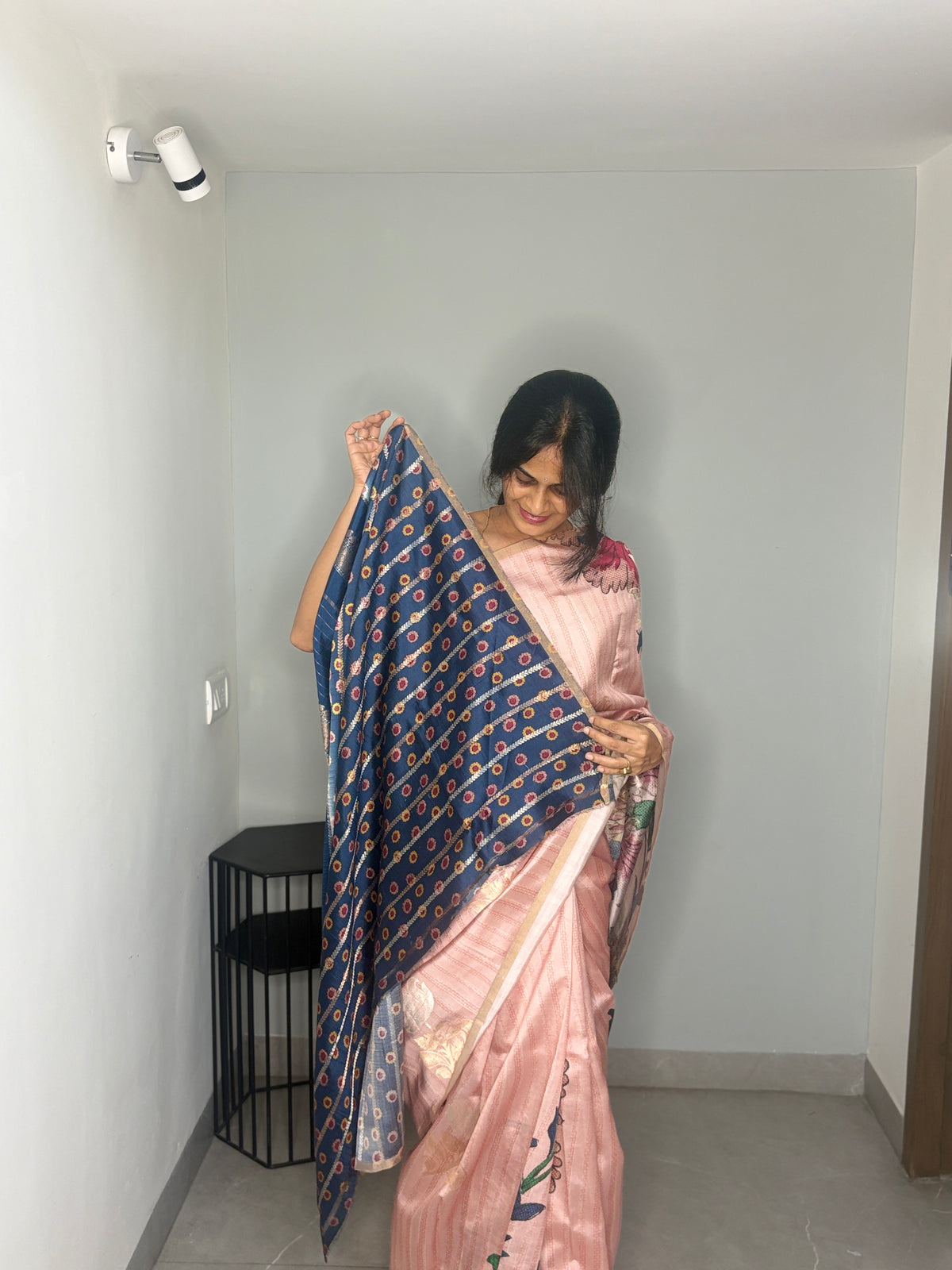 Onion Pink Striped Floral Garden Puna Silk Saree