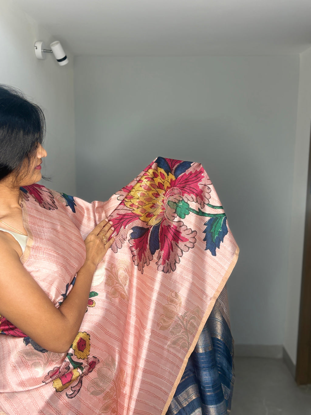 Onion Pink Striped Floral Garden Puna Silk Saree