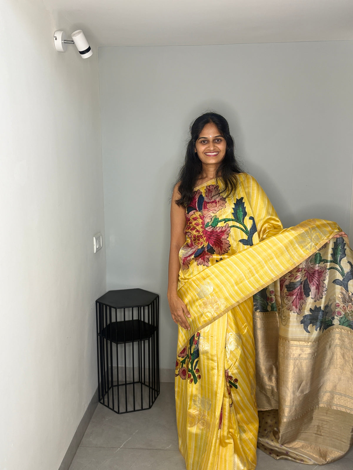 Yellow Striped Floral Garden Puna Silk Saree