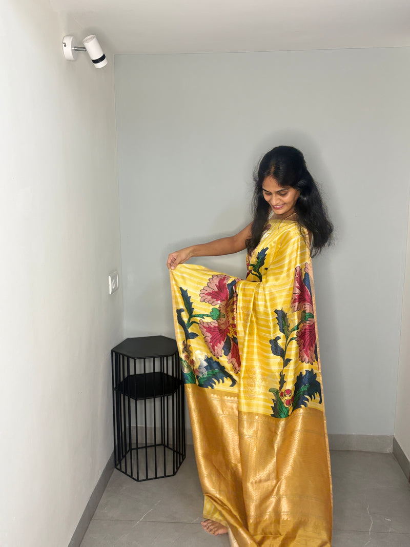 Yellow Striped Floral Garden Puna Silk Saree