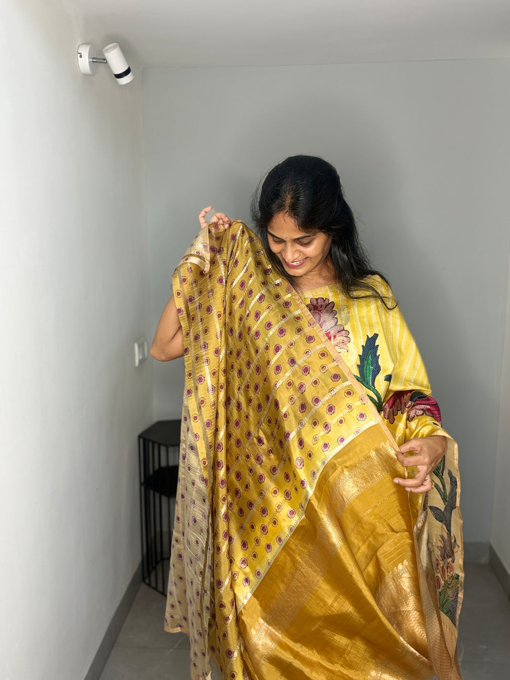Yellow Striped Floral Garden Puna Silk Saree