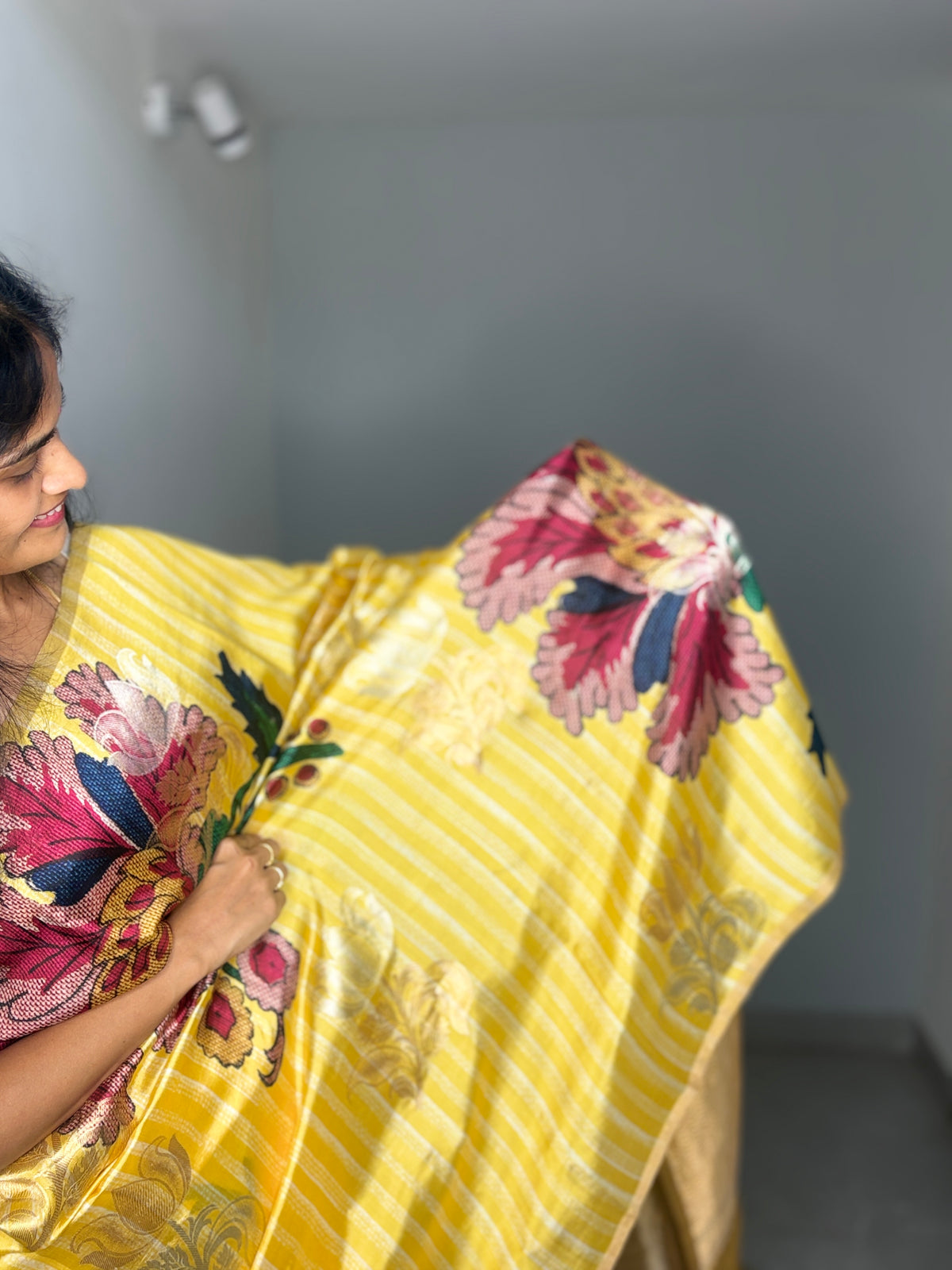 Yellow Striped Floral Garden Puna Silk Saree