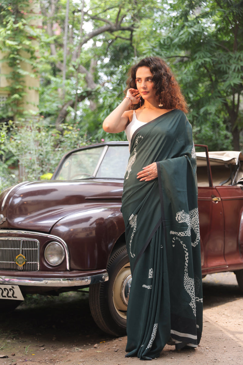 Green Panther Pure Crepe Silk Saree