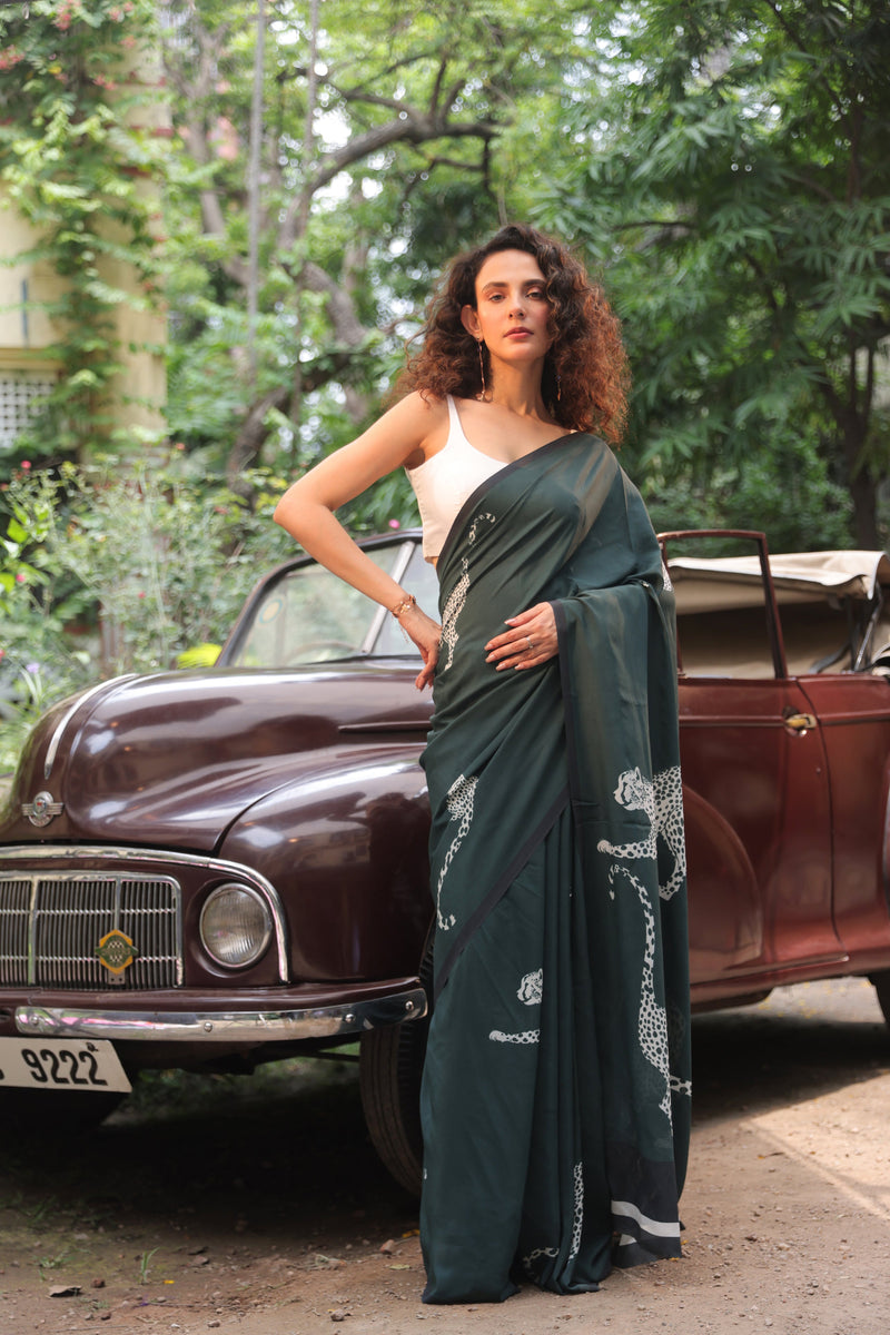 Green Panther Pure Crepe Silk Saree